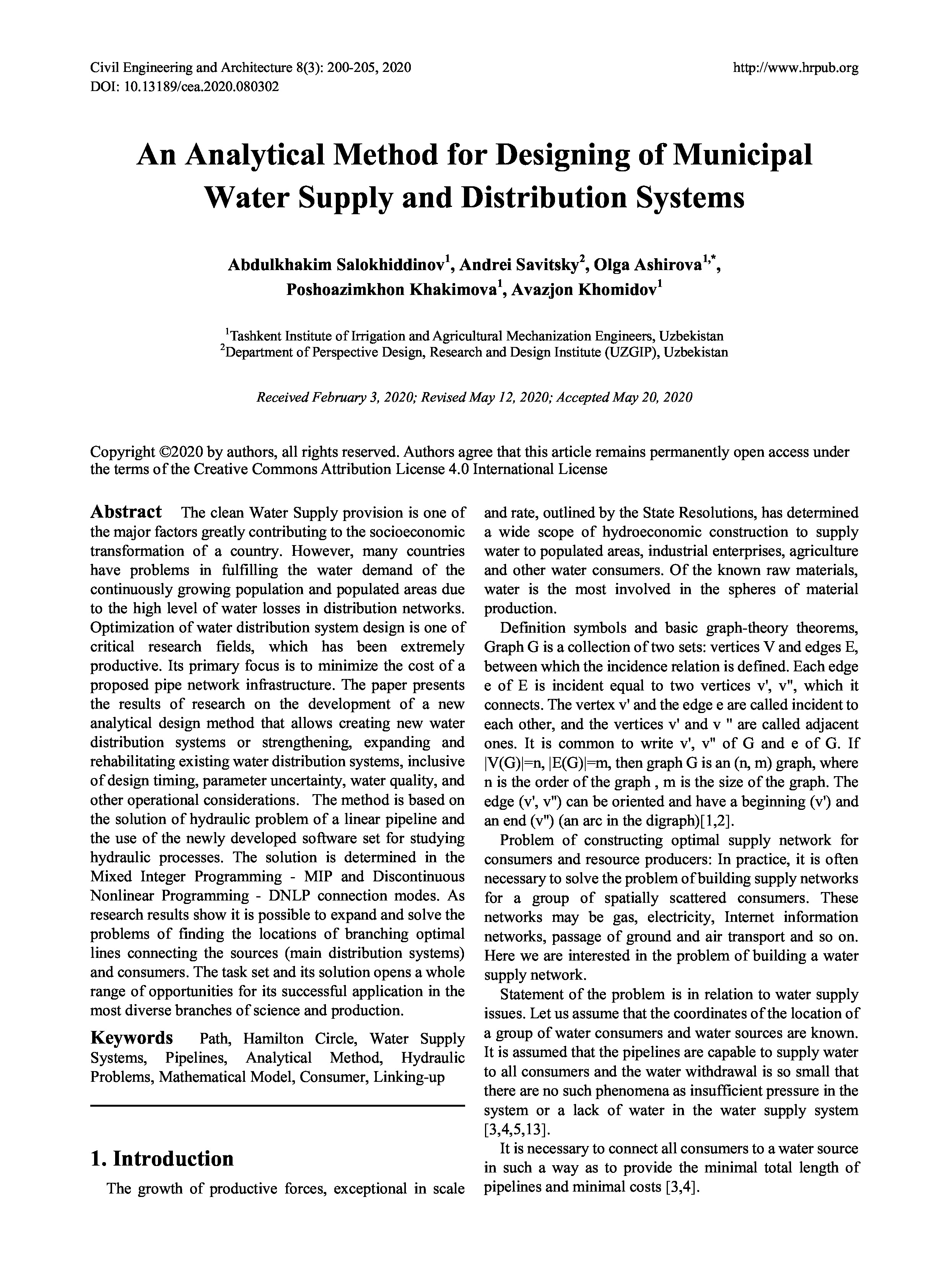 An Analytical Method for Designing of Municipal Water Supply and Distribution Systems | A.Salokhiddinov, A.Savitsky, O.Ashirova, P.Khakimova, A.Khomidov