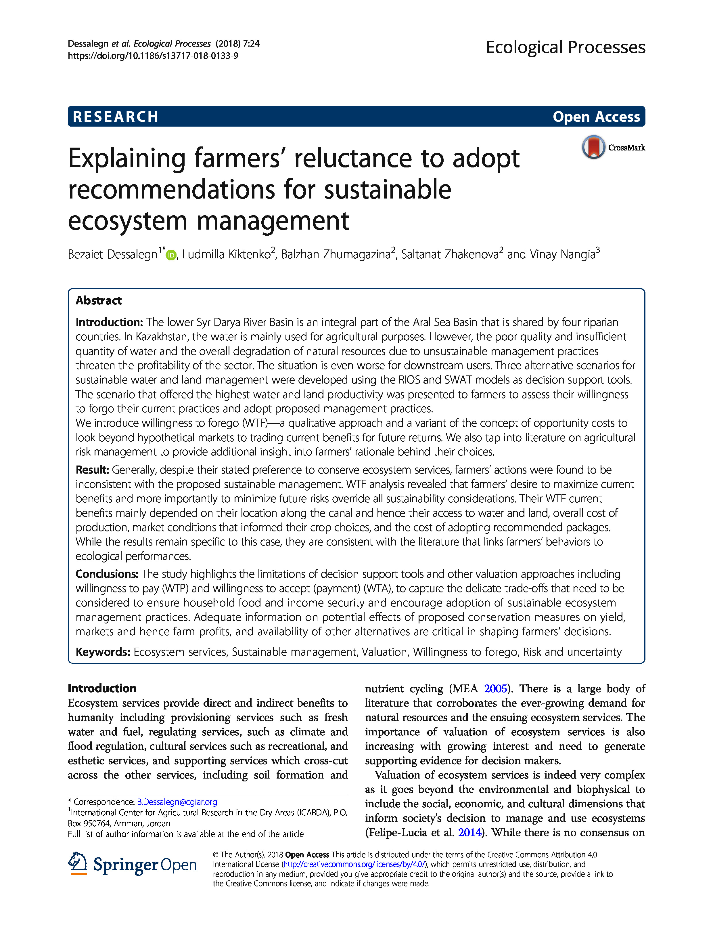 Explaining farmers’ reluctance to adopt recommendations for sustainable ecosystem management | B.Dessalegn, L.Kiktenko, B.Zhumagazina, S.Zhakenova, V.Nangia
