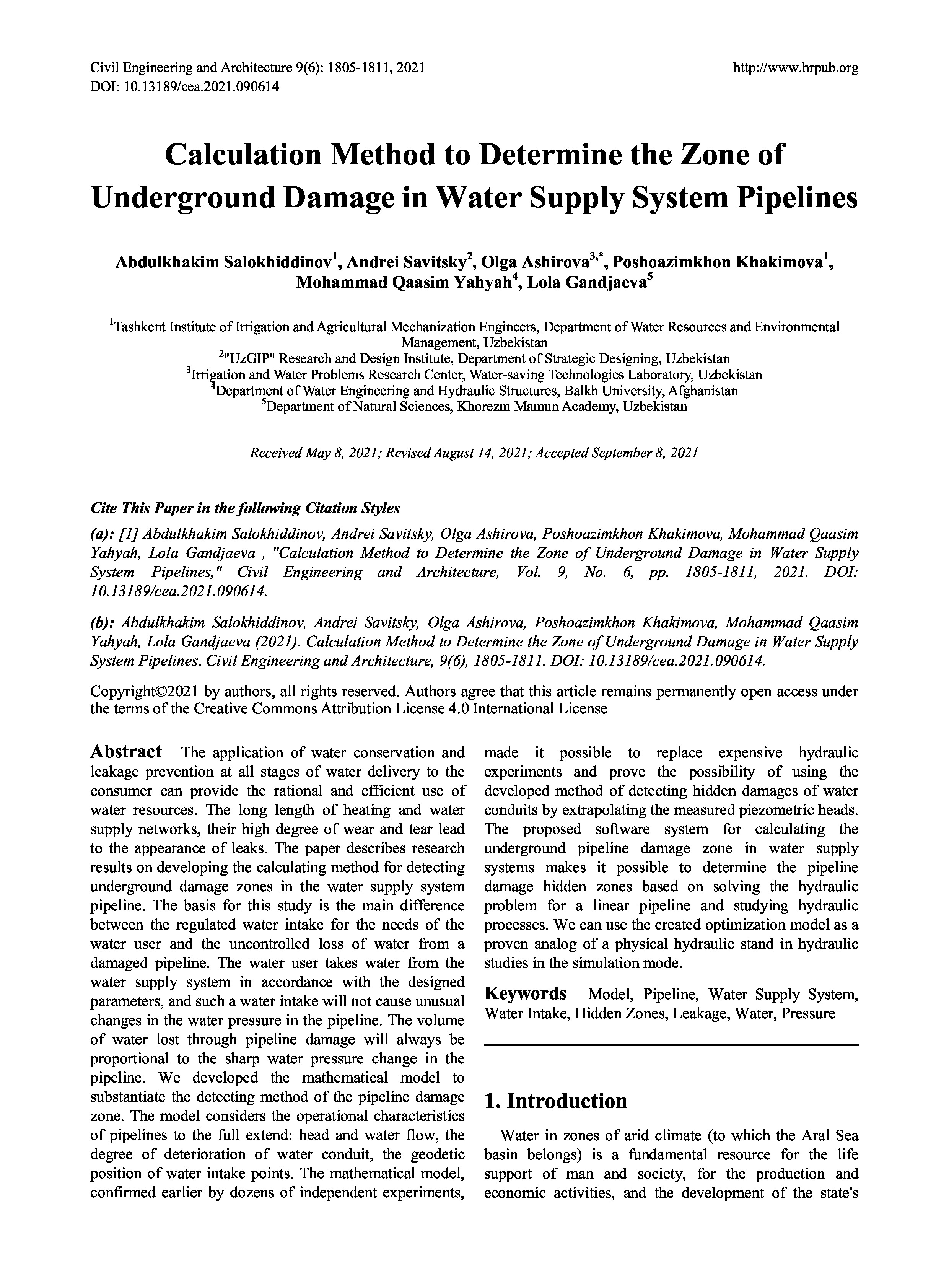 Calculation Method to Determine the Zone of Underground Damage in Water Supply System Pipelines | A.Salokhiddinov, A.Savitsky, O.Ashirova, P.Khakimova, M.Qaasim Yahyah, L.Gandjaeva