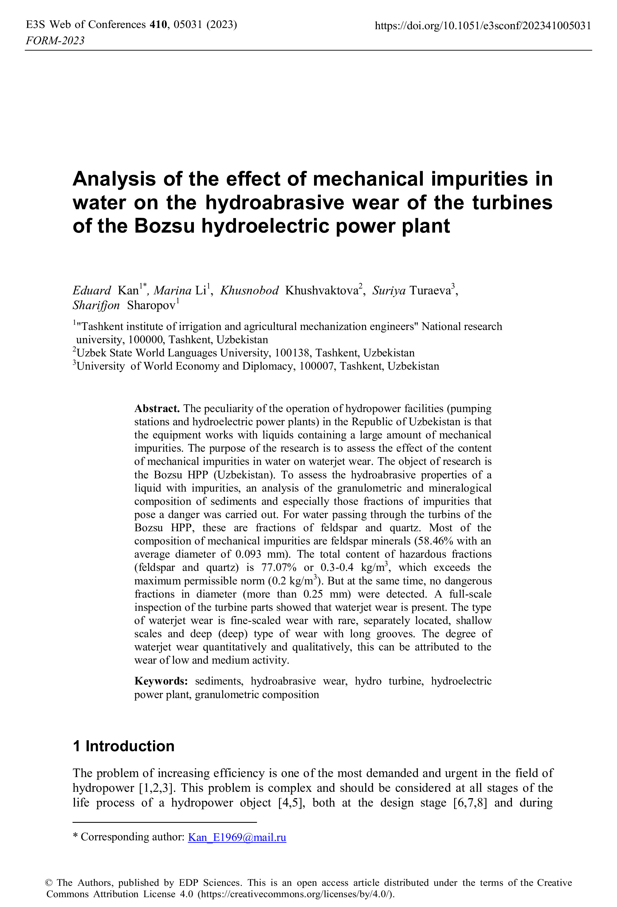 Analysis of the effect of mechanical impurities in water on the hydroabrasive wear of the turbines of the Bozsu hydroelectric power plant, 2023 | E.Kan, M.Li , K.Khushvaktova, S.Turaeva, S.Sharopov