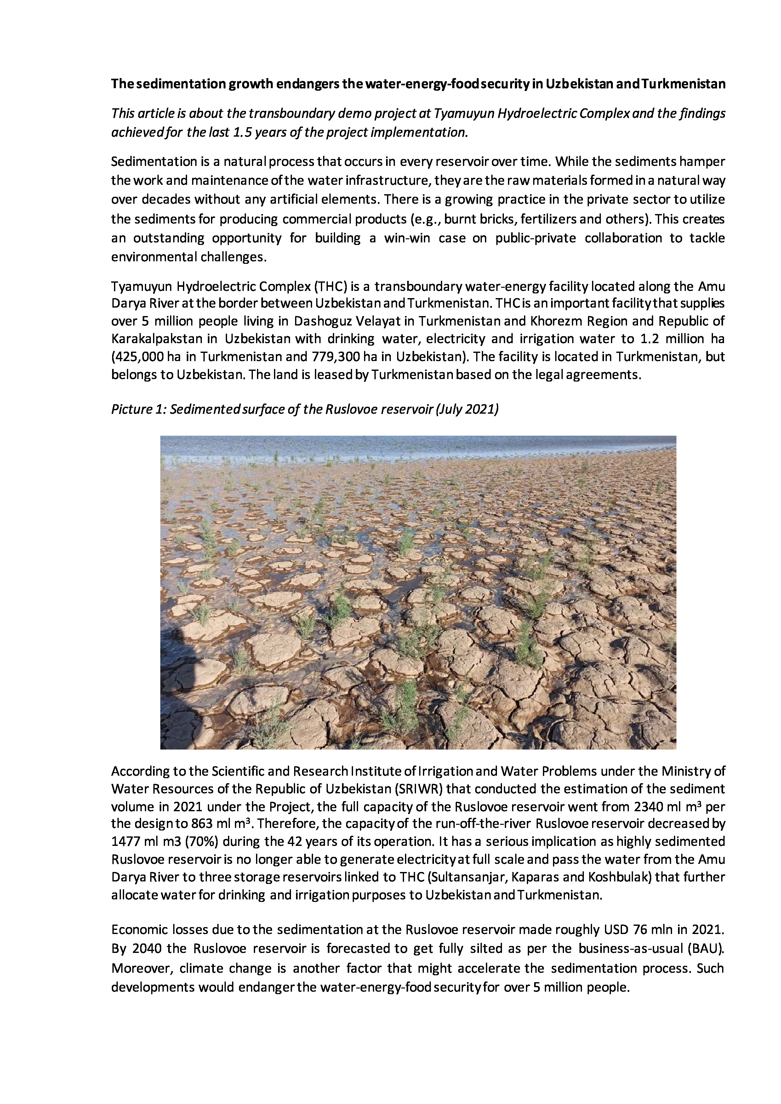 Article: The sedimentation growth endangers the water-energy-food security in Uzbekistan and Turkmenistan, 2022 | A.Kushanova